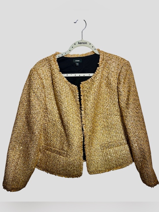 Express Jackets & Blazers - Express Metallic Tweed Fringe Trim Jacket Blazer Gold